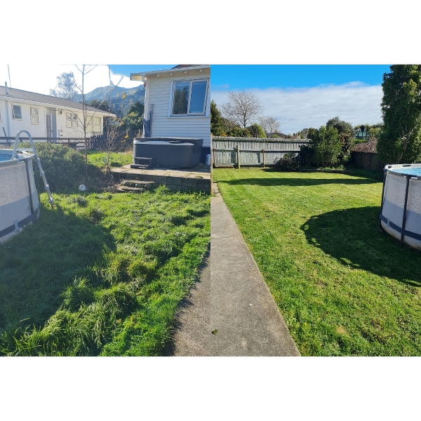 Lawn and garden before and after tidy-up in Paeroa